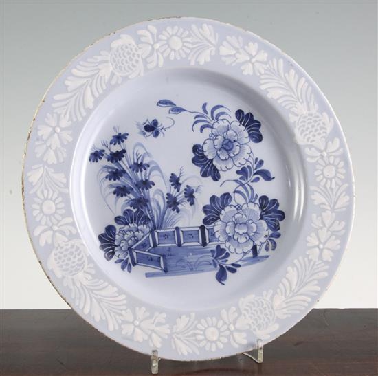 An English delft ware dish, probably Bristol, c.1760, diameter 29.5cm
